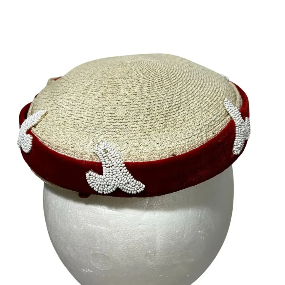 Vintage Mindy by Mary Roth White headband hat red velvet trim white beads FLAW